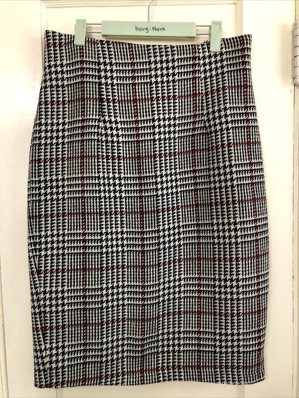 Renee C By So Cool Large Pencil Skirt Color Grey Black Red Plaid Wool Blend
